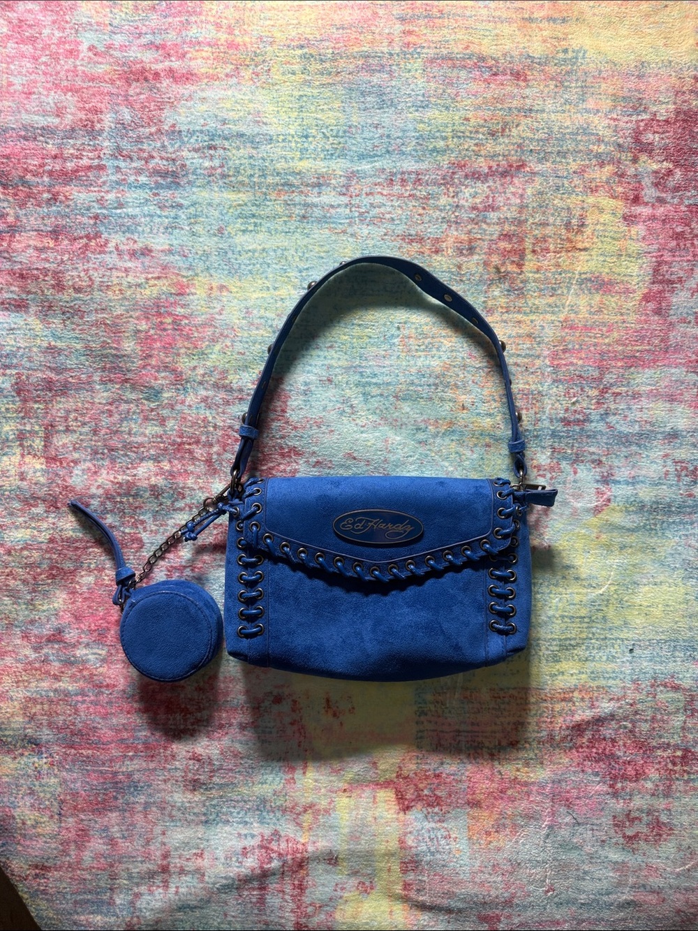Ed Hardy Royal Blue Suede Shoulder Bag with Coin Pouch
